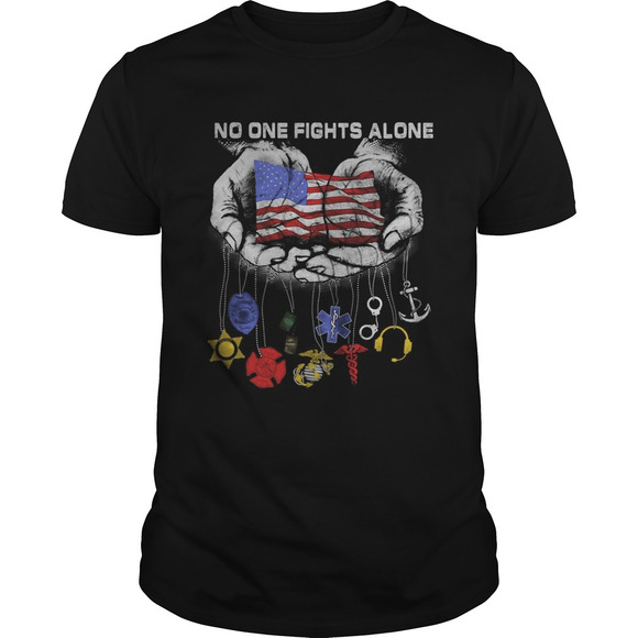 Tops - No One Fights Alone All Badge American Flag Independence Day Shirt